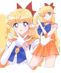 Rule 34 | 1girl, aino minako, back bow, bishoujo senshi sailor moon, blonde hair, blue bow, blue bowtie, blue eyes, bow, bowtie, brooch, chain, choker, circlet, collar, commentary, earrings, elbow gloves, gloves, hair bow, heart, highres, jewelry, long hair, miniskirt, multiple views, namisonpictures, one eye closed, orange bow, orange choker, orange collar, orange gemstone, orange skirt, pleated skirt, red bow, sailor venus, shirt, short sleeves, skirt, smile, stud earrings, symbol-only commentary, venus chain (sailor moon), white gloves, white shirt, yellow bow