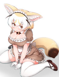Rule 34 | 1girl, alternate costume, animal ears, apron, blonde hair, breasts, brown eyes, cleavage, detached collar, enmaided, extra ears, fennec (kemono friends), fox ears, fox tail, frilled apron, frills, gloves, highres, japari symbol, kemono friends, knife, large breasts, looking at viewer, maid, maid apron, maid headdress, puffy short sleeves, puffy sleeves, short hair, short sleeves, skirt, solo, tail, tanaka kusao, thick thighs, thighhighs, thighs, waist apron, waitress, zettai ryouiki