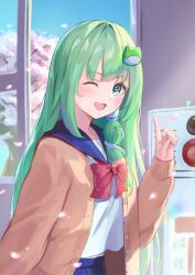 Rule 34 | 1girl, alternate costume, blue sky, blush, bow, bowtie, brown jacket, cherry blossoms, commentary request, day, falling petals, frog hair ornament, green eyes, green hair, hair ornament, hair tubes, highres, jacket, kochiya sanae, long hair, long sleeves, narutakaya, one eye closed, open clothes, open jacket, open mouth, petals, pink petals, red bow, red bowtie, school uniform, single hair tube, sky, smile, snake hair ornament, solo, touhou, very long hair