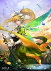 Rule 34 | 10s, blonde hair, bracelet, breasts, cleavage, cleavage cutout, clothing cutout, corset, earrings, floating rocks, hair ornament, highres, jewelry, kang kang zi, large breasts, leafa, lips, long hair, looking at viewer, moon, parted lips, petals, pointy ears, ponytail, puffy sleeves, scabbard, sheath, sky, solo, sword, sword art online, unsheathing, weapon, wings