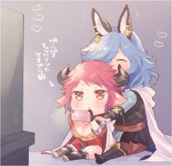 Rule 34 | 10s, 1boy, 1girl, blue hair, breasts, cellphone, chibi, cleavage, drunk (granblue fantasy), earrings, eno yukimi, granblue fantasy, horns, jewelry, large breasts, phone, pointy ears, red eyes, red hair, short hair, smartphone, smile, sturm (granblue fantasy), translation request
