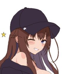 1girl ;d baseball_cap black_hat blue_eyes blush breasts brown_hair grin hat hololive looking_at_viewer official_alternate_costume one_eye_closed open_mouth pixel_art smile solo star_(symbol) teeth tokino_sora tokino_sora_(streetwear) virtual_youtuber white_background zou_eita