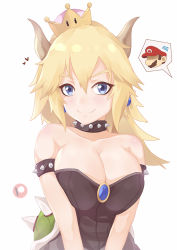 Rule 34 | 1boy, 1girl, bad id, bad pixiv id, bare shoulders, blonde hair, blue eyes, blush, bowsette, bracelet, breasts, cleavage, collar, collarbone, commentary, crown, darahan, dress, earrings, english commentary, fang, hair between eyes, horns, jewelry, large breasts, long hair, looking at viewer, mario, mario (series), new super mario bros. u deluxe, nintendo, pointy ears, ponytail, simple background, solo focus, spiked bracelet, spiked collar, spikes, super crown, white background