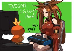 Rule 34 | 1girl, 2017, arcade stick, bare shoulders, big hair, brown eyes, brown hair, chair, china dress, chinese clothes, controller, creatures (company), crossover, dress, esports, evolution championship series, game controller, game freak, gen 3 pokemon, guilty gear, guilty gear xrd, hair tubes, joystick, kuradoberi jam, mad catz, makai, nintendo, playing games, pokemon, pokemon (creature), serious, sitting, torchic, wide sleeves