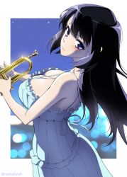 Rule 34 | 1girl, alternate breast size, black hair, blue dress, border, breasts, closed mouth, commentary request, dress, frilled dress, frills, from side, hibike! euphonium, highres, holding, holding instrument, instrument, kousaka reina, large breasts, long hair, looking at viewer, looking to the side, mattari yufi, purple eyes, solo, spaghetti strap, strap gap, trumpet, white border