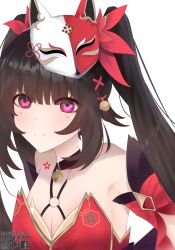 Rule 34 | 1girl, absurdres, bare shoulders, bell, black choker, blush, bow, breasts, brown hair, choker, cleavage, closed mouth, criss-cross halter, detached sleeves, dress, eyeliner, fox mask, hair bow, halterneck, highres, honkai: star rail, honkai (series), large breasts, long bangs, long hair, looking at viewer, makeup, mask, mask on head, misty py, neck bell, o-ring, pink eyes, portrait, red bow, red dress, red eyeliner, red sleeves, short sleeves, sidelocks, simple background, sleeveless, sleeveless dress, smile, solo, sparkle (honkai: star rail), twintails, watermark, white background