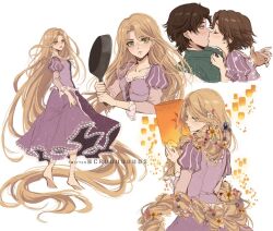 Rule 34 | 1boy, 1girl, absurdly long hair, animification, barefoot, blonde hair, breasts, brown hair, closed mouth, collarbone, criis-chan, dress, flower, flynn rider, from behind, from side, frying pan, green eyes, hair flower, hair ornament, hetero, holding, holding frying pan, juliet sleeves, lamp, long hair, long sleeves, looking at viewer, parted hair, pink dress, profile, puffy sleeves, rapunzel (disney), short hair, small breasts, smile, tangled, twitter username, very long hair, white flower, yellow flower
