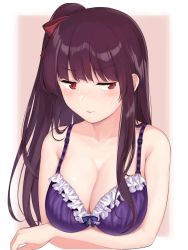 Rule 34 | 1girl, arms under breasts, bare shoulders, blush, bra, breasts, cleavage, closed mouth, collarbone, girls&#039; frontline, hair ribbon, half updo, highres, large breasts, long hair, looking at viewer, momoiro lettuce, one side up, outside border, purple bra, purple hair, red eyes, red ribbon, ribbon, ribbon-trimmed bra, simple background, solo, sweatdrop, tsurime, underwear, upper body, very long hair, wa2000 (girls&#039; frontline)