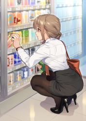 Rule 34 | 1girl, bag, black footwear, black skirt, breasts, brown eyes, brown pantyhose, can, closed mouth, commentary request, dress shirt, full body, hair over shoulder, high heels, holding, holding can, idolmaster, idolmaster cinderella girls, indoors, kamille (vcx68), long hair, long sleeves, looking away, medium breasts, office lady, pantyhose, pantylines, pencil skirt, senkawa chihiro, shirt, shirt tucked in, shop, shoulder bag, skirt, solo, squatting, vending machine, watch, white shirt, wristwatch