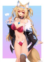 Rule 34 | 1girl, animal ear fluff, animal ears, bare shoulders, belt collar, black collar, black jacket, blonde hair, blue background, blue hair, bra, breasts, cleavage, collar, collarbone, dog ears, dog girl, dog tail, fang, frills, fur-trimmed jacket, fur trim, fuwawa abyssgard, fuwawa abyssgard (1st costume), hair ornament, hairclip, headband, highres, hololive, hololive english, jacket, large breasts, long hair, looking at viewer, multicolored hair, navel, notte, open mouth, panties, red eyes, single thighhigh, skin fang, smile, solo, spiked collar, spikes, streaked hair, tail, thighhighs, underwear, virtual youtuber