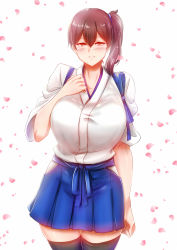 Rule 34 | 1girl, blush, breasts, brown eyes, brown hair, cherry blossoms, commentary request, facing viewer, falling petals, hair between eyes, hakama, hakama short skirt, hakama skirt, hand on own chest, japanese clothes, kaga (kancolle), kantai collection, kashiru, large breasts, long hair, looking at viewer, parted lips, petals, side ponytail, skirt, solo, standing, thighhighs