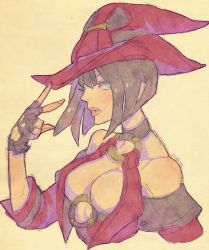 Rule 34 | 1girl, bare shoulders, black hair, blue eyes, breasts, cleavage, collar, guilty gear, hat, i-no, large breasts, o-ring, o-ring top, red hat, short hair, sketch, solo, traditional media, witch hat, yohane shimizu