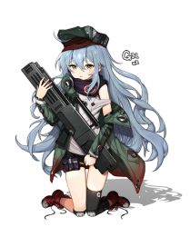 Rule 34 | 1girl, aqua hair, assault rifle, bad id, bad twitter id, black shorts, blue scarf, boots, brown footwear, bullpup, caseless firearm, clothing cutout, coat, commentary request, g11 (girls&#039; frontline), girls&#039; frontline, green eyes, green hat, green jacket, gun, h&amp;k g11, hat, holding, holding gun, holding weapon, horizontal magazine, jacket, knee pads, kneeling, kuang1104, long hair, long sleeves, looking at viewer, messy hair, off shoulder, open clothes, open coat, open jacket, open mouth, personification, pouch, prototype design, rifle, scarf, scarf on head, shadow, shirt, shoes, short shorts, shorts, shoulder cutout, sleeveless, sleeveless shirt, solo, thigh strap, untied footwear, weapon, white background, white shirt