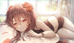 Rule 34 | 1girl, absurdres, aran (aran0127), bare shoulders, bed, bed sheet, bedroom, black shorts, black tank top, blush, brown hair, casual, closed eyes, curtains, dolphin shorts, flower, genshin impact, ghost, hair between eyes, hair flower, hair ornament, half-closed eyes, happy, highres, hu tao (genshin impact), indoors, light smile, looking at viewer, midriff, nail polish, navel, open mouth, pillow, red flower, short shorts, shorts, smile, sunlight, symbol-shaped pupils, tank top, thighs, window