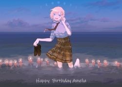Rule 34 | 1girl, absurdres, blonde hair, brown necktie, candle, chinese commentary, cloud, collared shirt, hair behind ear, hair ornament, happy birthday, highres, holding, holding clothes, holding footwear, hololive, hololive english, leg up, looking at viewer, moon, necktie, noedelsgeest, ocean, open mouth, plaid, plaid skirt, shirt, skirt, sky, smile, solo, virtual youtuber, water, watson amelia, watson amelia (1st costume)