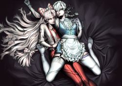 Rule 34 | 2girls, absurdres, apron, belt, bow, fujiwara no mokou, hair bow, hands on another&#039;s hips, highres, holding person, izayoi sakuya, long sleeves, lying, maid, maid apron, maid headdress, multicolored nails, multiple girls, nail polish, on back, pants, pocket watch, sleeves rolled up, spread legs, suspenders, thighhighs, touhou, wadohime, watch, white hair