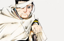 Rule 34 | 1boy, arisaka, bandaged head, bandages, black eyes, black hair, blue jacket, bolt action, buttons, cape, closed mouth, collared jacket, facial hair, facial scar, golden kamuy, gun, hair slicked back, hair strand, holding, holding gun, holding weapon, hood, hood down, hooded cape, imperial japanese army, jacket, long sleeves, looking at viewer, male focus, military, military uniform, ogata hyakunosuke, one eye covered, reloading, rifle, scar, scar on cheek, scar on face, scyllua, short hair, simple background, solo, stubble, undercut, uniform, upper body, weapon, white background, white cape