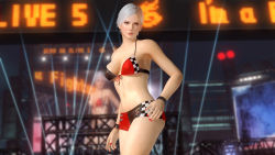 Rule 34 | 1girl, 3d, alternate hairstyle, blonde hair, breasts, christie (doa), dead or alive, dead or alive 5, large breasts, midriff, nail polish, official art, race queen, solo, tecmo, white hair