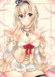 Rule 34 | 1girl, bare shoulders, black hairband, blonde hair, blue eyes, braid, breasts, collarbone, corset, cowboy shot, crown, dress, flower, french braid, hairband, highres, jewelry, kantai collection, long hair, long sleeves, marker (medium), medium breasts, mini crown, necklace, off-shoulder dress, off shoulder, red flower, red ribbon, red rose, ribbon, rose, saya pr, solo, thighhighs, traditional media, warspite (kancolle), white dress, white thighhighs