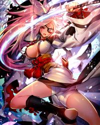Rule 34 | &gt;:d, 1girl, :d, amputee, armor, ass, baiken, bandages, breasts, cleavage, covered erect nipples, facial mark, from side, glowing, glowing sword, glowing weapon, guilty gear, guilty gear xrd, hair ribbon, holding, holding sword, holding weapon, japanese clothes, katana, large breasts, long hair, long sleeves, looking at viewer, looking to the side, obi, open mouth, oro (sumakaita), pauldrons, pelvic curtain, pink hair, ponytail, red eyes, ribbon, rope, sash, scabbard, sheath, shoulder armor, smile, solo, sword, v-shaped eyebrows, weapon, white ribbon, wide sleeves