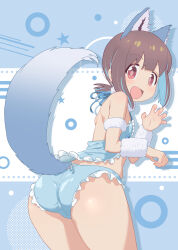 Rule 34 | 1girl, :d, absurdres, animal ears, ass, bikini, blunt ends, brown hair, claw pose, cosplay, fake animal ears, fake tail, fur collar, fur trim, highres, hozuki momiji, looking at viewer, onii-chan wa oshimai!, open mouth, red eyes, revealing clothes, shiina excel, short hair, short ponytail, smile, solo, swimsuit, tail, thick thighs, thighs, wolf tail