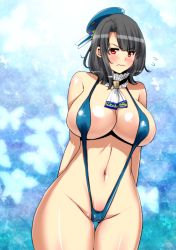 Rule 34 | 10s, 1girl, angry, arms behind back, ascot, bad id, bad pixiv id, bare shoulders, beret, black hair, blue one-piece swimsuit, blush, breasts, cameltoe, choker, female focus, gradient background, groin, hat, huge breasts, kantai collection, large breasts, looking at viewer, navel, one-piece swimsuit, perepere-kun, red eyes, revealing clothes, scowl, short hair, slingshot swimsuit, solo, standing, strap gap, swimsuit, takao (kancolle), thick thighs, thigh gap, thighs, wide hips