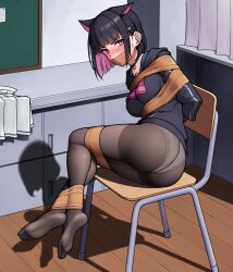 Rule 34 | angry, animal ears, artist request, ass, bdsm, blue archive, bondage, bound, cat ears, collar, feet, hair ornament, hairclip, kazusa (blue archive), no pants, panties, panties under pantyhose, pantyhose, pink eyes, school uniform, short hair, skirt, unworn skirt, soles, source request, toes, underwear, white panties