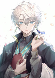 Rule 34 | 1boy, absurdres, adjusting hair, aqua eyes, book, buttons, commentary, earrings, green jacket, grey shirt, highres, holding, holding book, jacket, japanese clothes, jewelry, kaida haru, long sleeves, looking at viewer, male focus, mismatched earrings, nijisanji, open mouth, parted bangs, parted lips, petals, shioshiha, shirt, short hair, simple background, solo, tassel, tassel earrings, virtual youtuber, white background, white hair