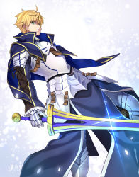 Rule 34 | 1boy, armor, armored boots, armored dress, arthur pendragon (fate), azu, blonde hair, blue cape, blue dress, boots, breastplate, cape, dress, excalibur (fate/stay night), excalibur (fate/prototype), fate/grand order, fate/prototype, fate (series), faulds, gauntlets, greaves, green eyes, hair between eyes, highres, holding, holding sword, holding weapon, looking at viewer, male focus, pauldrons, short hair, shoulder armor, simple background, solo, sword, weapon, white background