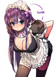 Rule 34 | 1girl, apron, artist name, bad id, bad pixiv id, bent over, black thighhighs, blue eyes, blush, breasts, cleavage, full-face blush, gloves, hairband, heart, large breasts, leaning forward, lolita hairband, long hair, looking at viewer, maid, maid apron, maid headdress, open mouth, original, purple hair, simple background, solo, standing, sukja, thighhighs, very long hair, waist apron, white background, white gloves, wrist cuffs