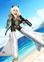 Rule 34 | 1girl, animal ears, artist name, assault rifle, barbariank, blonde hair, breasts, brown pantyhose, bullpup, cat ears, cat tail, choker, cleavage, commentary, crest, crotch seam, day, dutch angle, famas, flak jacket, flying, france, glasses, gun, highres, jacket, long hair, medium breasts, military, panties, panties under pantyhose, pantyhose, perrine h. clostermann, rifle, semi-rimless eyewear, solo, strike witches, striker unit, tail, trigger discipline, under-rim eyewear, underwear, weapon, world witches series, yellow eyes