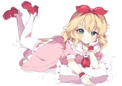 Rule 34 | 1girl, blonde hair, blush, dress, frilled sailor collar, frills, green eyes, hand on own cheek, hand on own face, highres, idolmaster, idolmaster cinderella girls, lying, neckerchief, on stomach, pink dress, puffy short sleeves, puffy sleeves, red footwear, red neckerchief, remiri nicoeli, sailor collar, sakurai momoka, short sleeves, smile, solo, the pose, thighhighs, white thighhighs, wrist cuffs