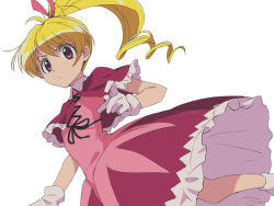 Rule 34 | 1girl, asada hachi, biscuit krueger, blonde hair, capelet, closed mouth, commentary request, dress, frills, gloves, hair ribbon, hunter x hunter, long hair, looking at viewer, ponytail, red capelet, red dress, red eyes, red ribbon, ribbon, serious, simple background, solo, twitter username, watermark, white background, white gloves