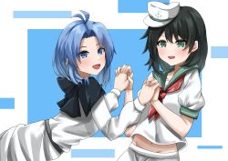 Rule 34 | 2girls, absurdres, bad id, bad pixiv id, belt, black belt, black hair, blouse, blue hair, blush, commentary request, dress, green eyes, green sailor collar, hat, unworn headwear, highres, holding hands, hood, kumoi ichirin, leaning forward, long sleeves, looking at viewer, midriff, mini hat, multiple girls, navel, neckerchief, open mouth, puffy short sleeves, puffy sleeves, ramiki, red neckerchief, sailor collar, sailor hat, sailor shirt, shirt, short hair, short sleeves, shorts, touhou, upper body, white dress, white headwear, white shirt, white shorts