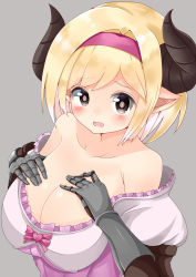 Rule 34 | 1girl, bare shoulders, blonde hair, blush, bow, breast suppress, breasts, brooch, brown eyes, cleavage, collarbone, commentary request, djeeta (granblue fantasy), draph, dress, embarrassed, fighter (granblue fantasy), frilled dress, frills, gauntlets, granblue fantasy, grey background, hair intakes, hairband, hands on own chest, heart, heart bow, heart brooch, hidaka0503, highres, horns, jewelry, juliet sleeves, large breasts, long sleeves, off shoulder, open mouth, pink dress, pink hairband, pointy ears, puffy sleeves, short hair, simple background, solo, sweatdrop, swept bangs, tagme, tearing up, upper body
