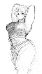 Rule 34 | 1girl, armpits, arms behind head, breasts, curvy, greyscale, highres, hunter rank e, large breasts, looking at viewer, midriff, monochrome, original, short hair, short shorts, shorts, sleeveless, solo, tank top, thick thighs, thighs