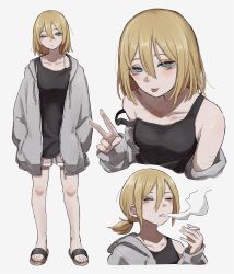 Rule 34 | 1girl, bare shoulders, black tank top, blonde hair, blush, cigarette, closed eyes, closed mouth, collarbone, commentary request, facing viewer, full body, green eyes, grey jacket, hair between eyes, half-closed eye, half-closed eyes, hand up, hands in pockets, highres, holding, holding cigarette, jacket, long bangs, long sleeves, looking at viewer, medium hair, multiple views, off shoulder, one eye closed, open clothes, open jacket, original, sandals, self-harm, short ponytail, shorts, simple background, sleeves past wrists, smoking, standing, tabao, tank top, tobacco, tongue, tongue out, v, white background