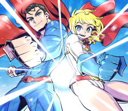 Rule 34 | 1boy, 1girl, black hair, blonde hair, blue eyes, blue gloves, bodysuit, breasts, cape, clenched hands, closed mouth, dc comics, gloves, looking at viewer, open mouth, power girl, red cape, smile, sunafuki tabito, superhero costume, superman, superman (series)