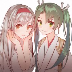 Rule 34 | 2girls, brown eyes, commentary request, dark green hair, green eyes, hairband, hands on own face, japanese clothes, kantai collection, kasumi (skchkko), long hair, looking at viewer, multiple girls, red hairband, shoukaku (kancolle), silver hair, simple background, tasuki, twintails, upper body, white background, zuikaku (kancolle), zuikaku kai ni (kancolle)