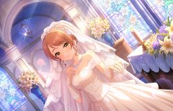 Rule 34 | 1girl, breasts, bridal veil, candle, church, cleavage, dress, earrings, fire, flower, game cg, hojo karen, idolmaster, idolmaster cinderella girls, idolmaster cinderella girls starlight stage, jewelry, lamp, lily (flower), necklace, official art, orange hair, pillar, smile, solo, stained glass, vase, veil, wedding dress, white dress, yellow eyes