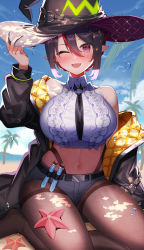 Rule 34 | 1girl, ;d, absurdres, amahara subaru, arm up, beach, black hair, black hat, black jacket, blush, breasts, brown pantyhose, collared shirt, commentary request, day, frilled shirt, frills, grey shorts, hair between eyes, hat, highleg, highres, indie virtual youtuber, isonade orca, jacket, large breasts, long sleeves, looking at viewer, micro shorts, midriff, multicolored hair, navel, one eye closed, open clothes, open jacket, open mouth, outdoors, pantyhose, pointy ears, red eyes, red hair, shirt, short hair, shorts, sitting, sleeveless, sleeveless shirt, smile, solo, starfish, streaked hair, test tube, thighband pantyhose, virtual youtuber, white shirt, witch hat