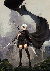 Rule 34 | 1girl, 2b (nier:automata), black blindfold, black cloak, black dress, black footwear, black gloves, blindfold, blood, blood on clothes, blurry, bob cut, boots, breasts, cleavage, cloak, closed mouth, cloud, commentary, covered eyes, depth of field, dress, english commentary, facing viewer, floating clothes, gloves, grey thighhighs, hairband, highres, holding, holding sword, holding weapon, ionomycin, katana, legs apart, medium breasts, mole, mole under mouth, moss, nier:automata, nier (series), robot, short dress, short hair, side slit, smoke, solo, standing, swept bangs, sword, tassel, thigh boots, thighhighs, torn clothes, torn dress, torn gloves, torn thighhighs, unsheathed, weapon, weapon on back, zettai ryouiki