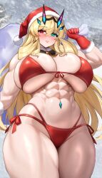 1girl abs absurdres barghest_(fate) bell bikini black_thighhighs blonde_hair blush breasts cleavage curvy elbow_gloves fate/grand_order fate_(series) fur-trimmed_headwear fur_collar fur_trim gloves green_eyes hat heterochromia highres horns huge_breasts jingle_bell long_hair looking_at_viewer muscular muscular_female navel_piercing open_mouth parted_lips piercing raskasar red_bikini red_eyes red_gloves red_hat sack santa_bikini santa_costume santa_hat solo swimsuit thick_thighs thighhighs thighs