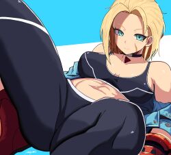 Rule 34 | 1girl, abs, blonde hair, blue eyes, breasts, cammy white, crop top, highres, jacket, looking at viewer, medium breasts, pants, scar, scar on face, short hair, street fighter, street fighter 6, yamiyama