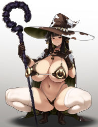 Rule 34 | 1girl, bikini, black hair, blush, breasts, brown footwear, brown gloves, closed mouth, gloves, gradient background, grey background, hand on own chest, hat, highres, horns, houtengeki, large breasts, large hat, long hair, looking at viewer, navel, original, red eyes, sideboob, simple background, smile, squatting, staff, swimsuit, thighhighs, thighs, underboob, white thighhighs, witch hat