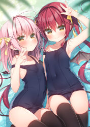 Rule 34 | 2girls, antenna hair, arm up, black one-piece swimsuit, black thighhighs, blurry, blurry foreground, bow, breasts, brown wings, cameltoe, commentary, covered navel, demon girl, demon tail, demon wings, depth of field, hair between eyes, hair bow, hair intakes, hair ornament, hanamiya natsuka, hand up, long hair, multiple girls, old school swimsuit, one-piece swimsuit, original, pink hair, red hair, school swimsuit, small breasts, strap slip, swimsuit, symbol-only commentary, tail, thighhighs, twintails, two side up, v, very long hair, water, wings, x hair ornament, yellow bow, yellow eyes
