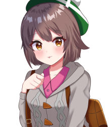 Rule 34 | 1girl, api peko, backpack, bag, blush, bob cut, brown bag, brown eyes, brown hair, buttons, cable knit, cardigan, collared dress, commentary request, creatures (company), dress, game freak, gloria (pokemon), green hat, grey cardigan, hand up, hat, highres, hooded cardigan, looking at viewer, nintendo, pink dress, pokemon, pokemon swsh, short hair, smile, solo, tam o&#039; shanter, tongue, tongue out, upper body