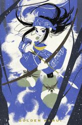 Rule 34 | 1girl, absurdres, ainu, ainu clothes, arrow (projectile), asirpa, bandana, black hair, blue bandana, blue eyes, boots, bow (weapon), branch, cape, closed mouth, commentary, copyright name, earrings, floating hair, fur cape, golden kamuy, highres, holding, holding arrow, holding bow (weapon), holding weapon, hoop earrings, jewelry, long hair, looking at viewer, shino bunnys, snowing, solo, standing, v-shaped eyebrows, weapon