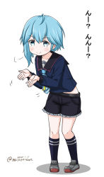 Rule 34 | 1girl, ahoge, asymmetrical hair, blouse, blue eyes, blue hair, blue necktie, blue shirt, blue shorts, commentary request, crescent, crescent pin, dated, frilled shorts, frills, full body, kantai collection, kneehighs, leaning forward, masara (chuujou), minazuki (kancolle), necktie, one-hour drawing challenge, school uniform, serafuku, shirt, short hair with long locks, shorts, simple background, smile, socks, solo, standing, twitter username, white background