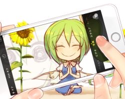 Rule 34 | 1girl, @ @, blue dress, cellphone, closed eyes, commentary request, crazy eyes, daiyousei, dress, fairy wings, female pov, flower, green hair, kuresento, lotus position, phone, pov, reflection, side ponytail, sitting, smartphone, smile, solo focus, sunflower, taking picture, touhou, when you see it, wings